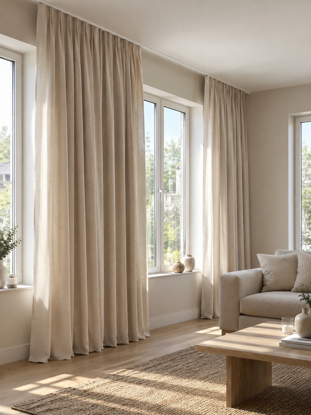 Cortinas de três pregas em linho bege entre as janelas de uma sala clara