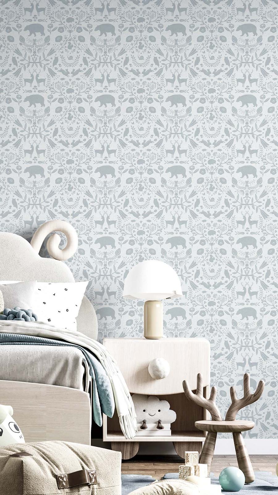 Quarto infantil com papel de parede azul de animais