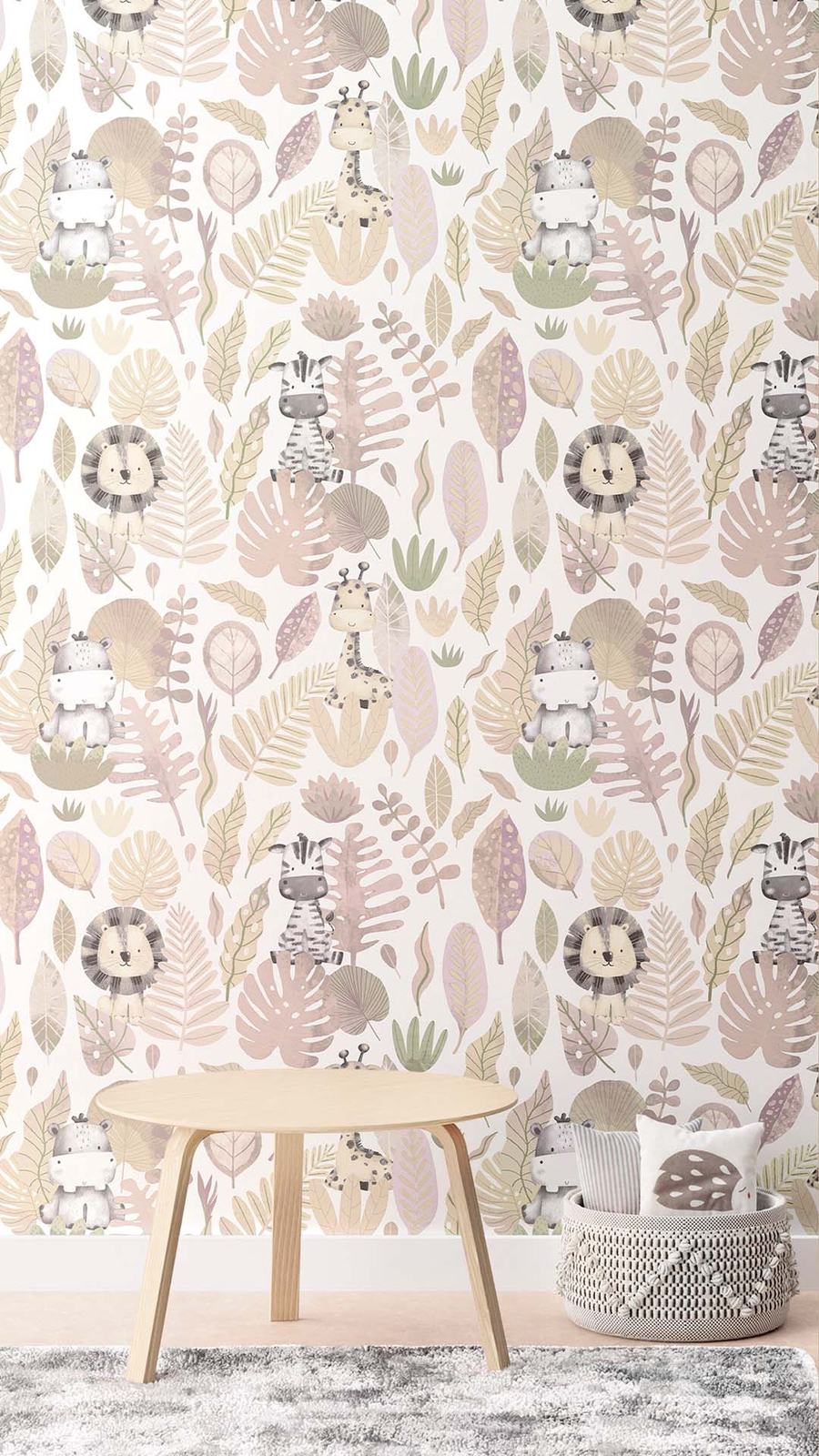 Papel de parede infantil com animais da selva e folhas