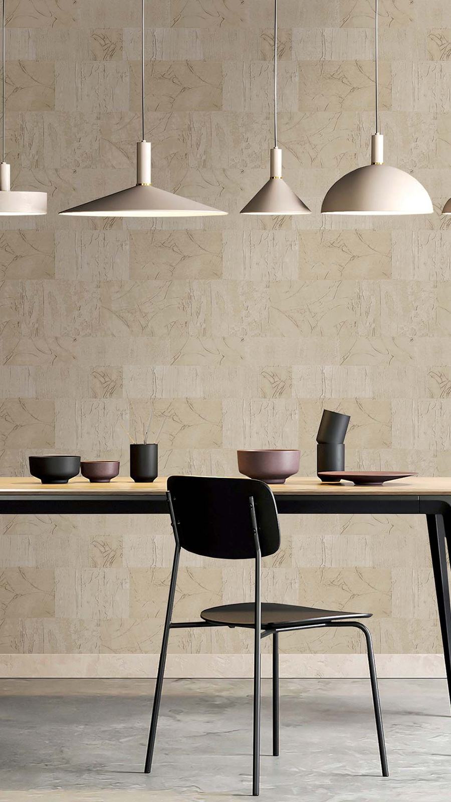 Papel de parede bege com mesa e candeeiros suspensos