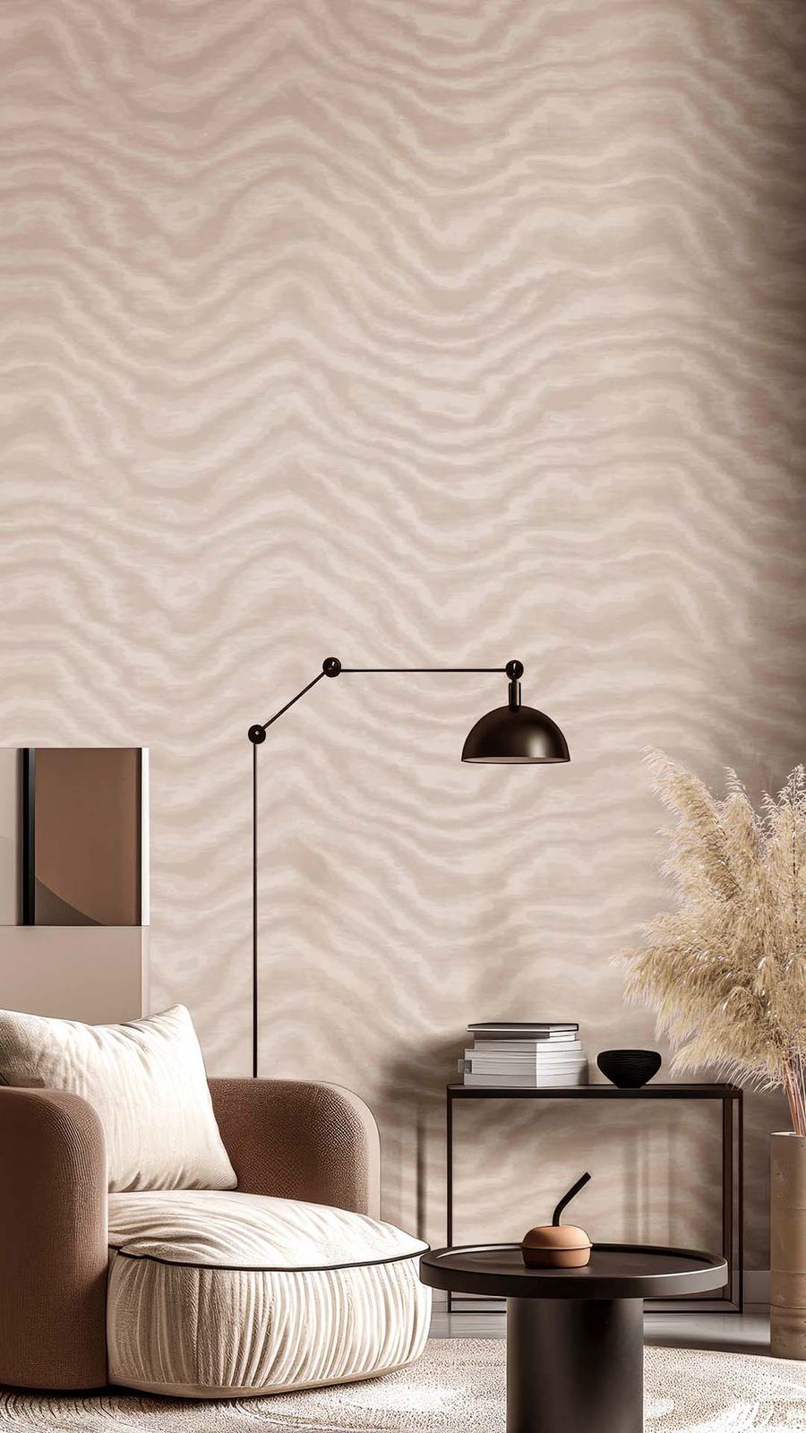 Sala com papel de parede de ondas em tom rosa