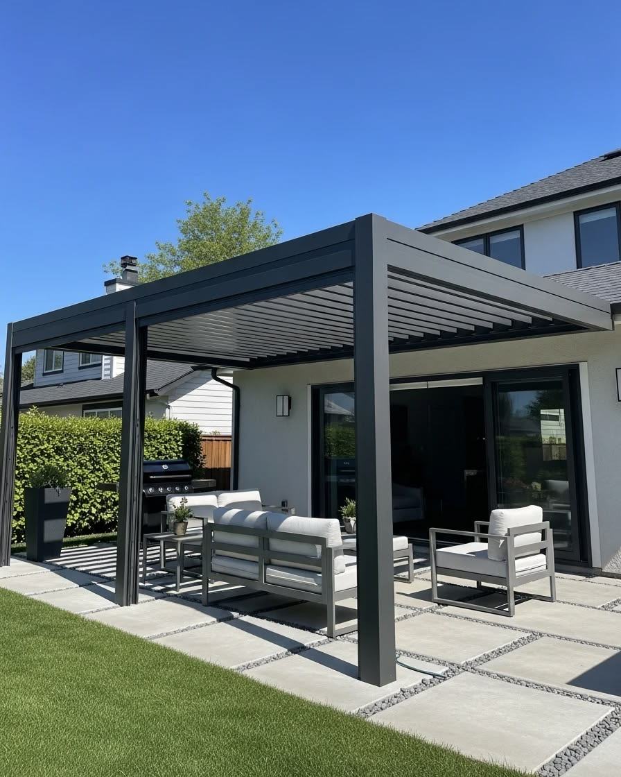Pérgola bioclimática em antracite com lâminas orientáveis, sobre uma zona de estar no jardim