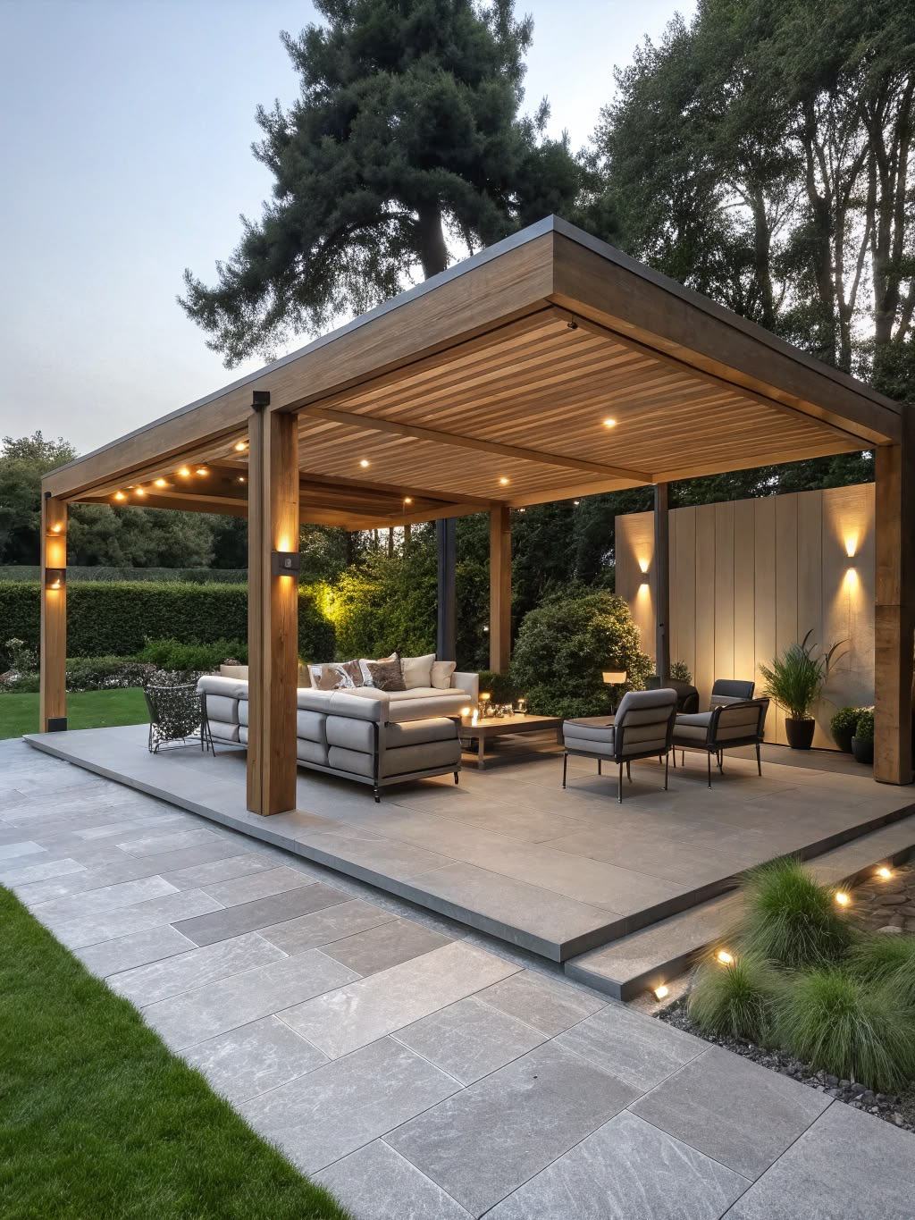 Pérgola de madeira com iluminação LED integrada sobre uma zona de estar no jardim, ao anoitecer